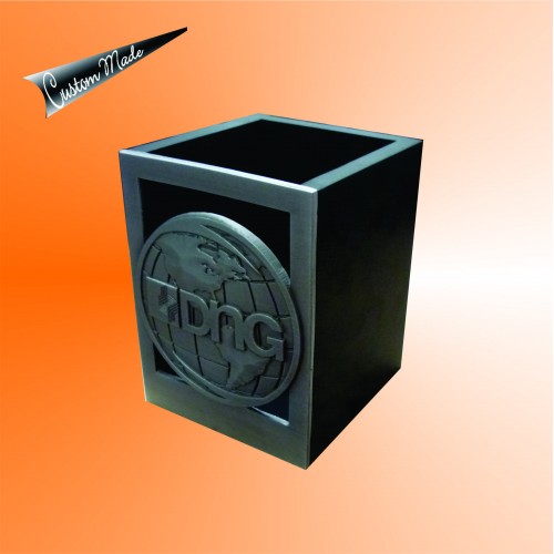 Custom made wooden pen holder with corporate pewter design